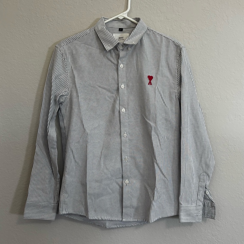 Ami Gray and White Striped Casual Shirt